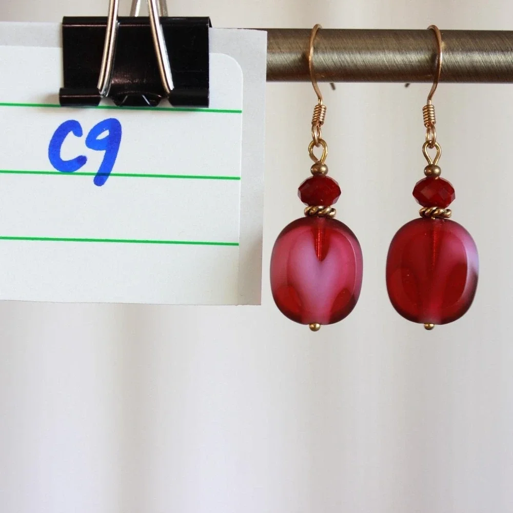 Handmade Ruby Red Czech Glass Dangle Drop Earrings Boho Cottagecore‎ Fairycore